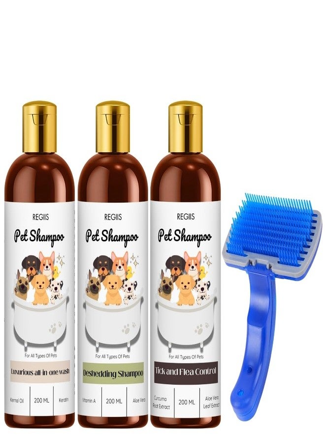 مجموعة شامبو ريجيس للحيوانات الأليفة مع فرشاة تنظيف، غسول فاخر شامل، لإزالة الشعر الزائد، تركيبة للتحكم في القراد، 200 مل، عبوة من 4 قطع - Image 1